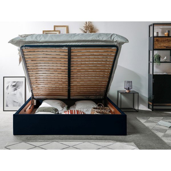 Tmavomodrá čalúnená dvojlôžková posteľ s úložným priestorom s roštom 160x200 cm Palmyre - Bobochic Paris-image-3