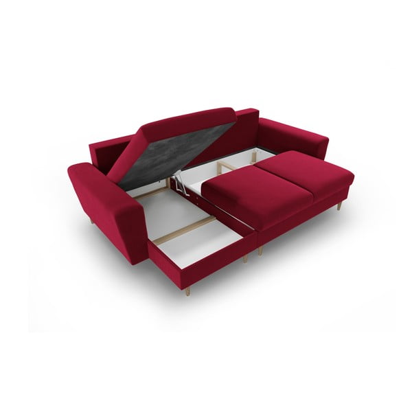 Červená zamatová rozkladacia/s úložným priestorom rohová pohovka Kyoto – Cosmopolitan Design-image-3