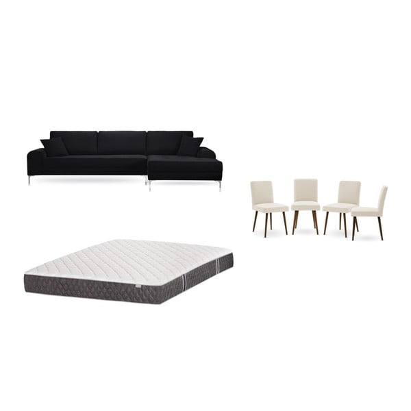 Set čiernej pohovky s leňoškou vpravo, 4 krémových stoličiek a matraca 160 × 200 cm Home Essentials