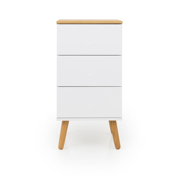 Biela skrinka s detailmi v dekore dubového dreva s 3 zásuvkami Tenzo Dot, šírka 40 cm