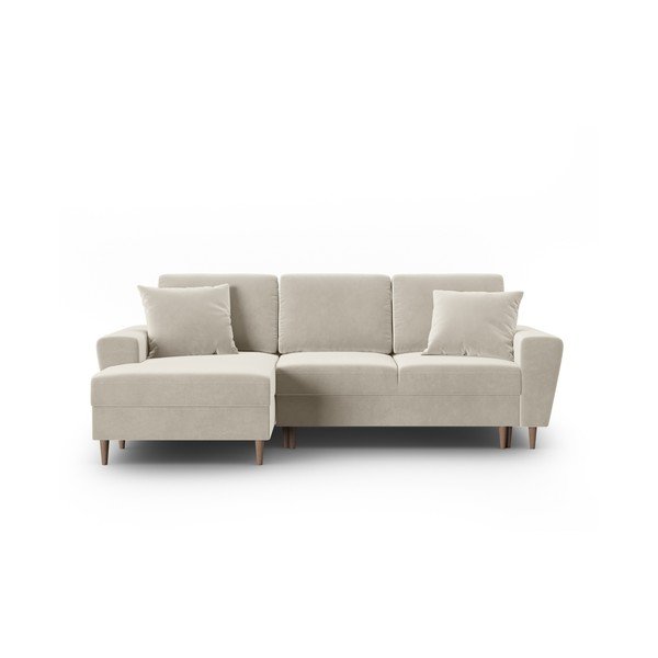 Béžová zamatová rozkladacia/s úložným priestorom rohová pohovka (ľavý roh/s leňoškou) Kyoto – Cosmopolitan Design