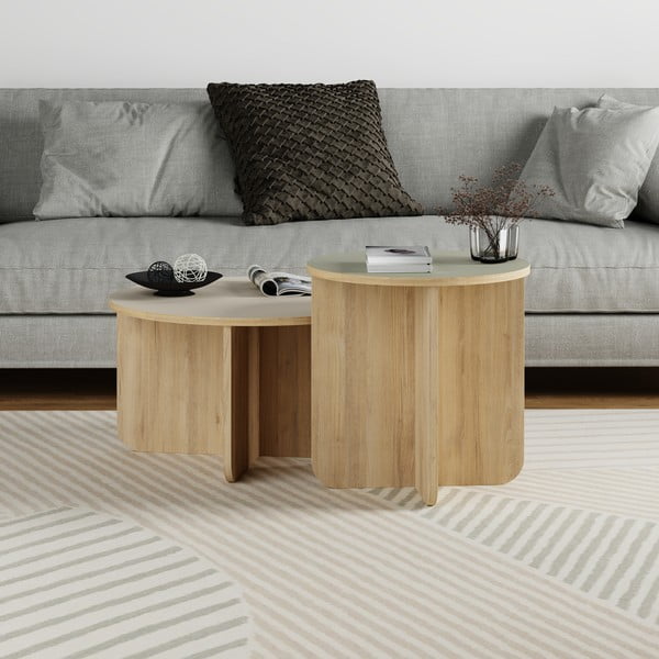 Krémovobiele/v prírodnej farbe okrúhle konferenčné stolíky v súprave 2 ks v dekore duba ø 70 cm Hillary – Marckeric-image-1