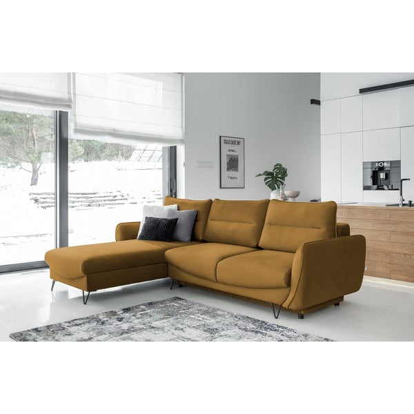 Žltá zamatová rozkladacia/s úložným priestorom rohová pohovka (ľavý roh/s leňoškou) Silva – ELTAP-image-1