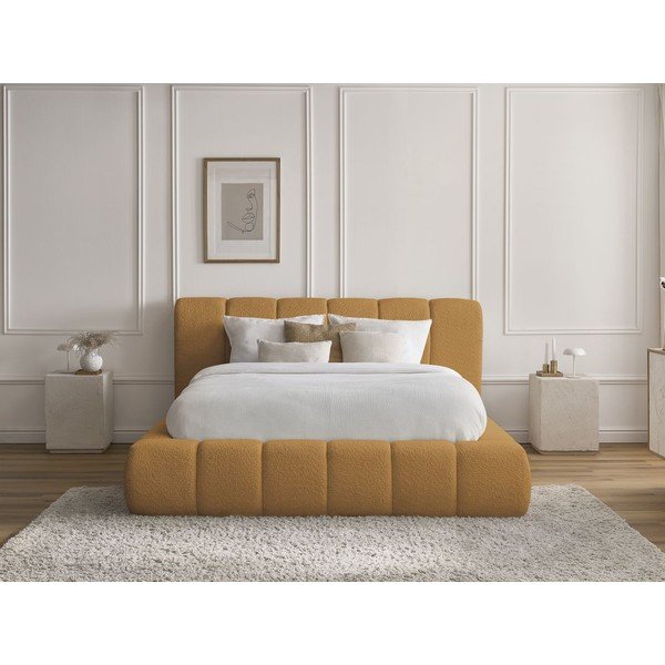 Čalúnená dvojlôžková posteľ s úložným priestorom s roštom 160x200 cm v horčicovej farbe Denali – Bobochic Paris-image-1