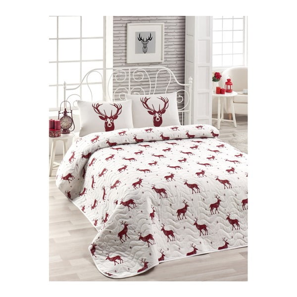 Set plédu cez posteľ a 2 obliečky na vankúš s prímesou bavlny Geyik Claret Red, 200 x 220 cm