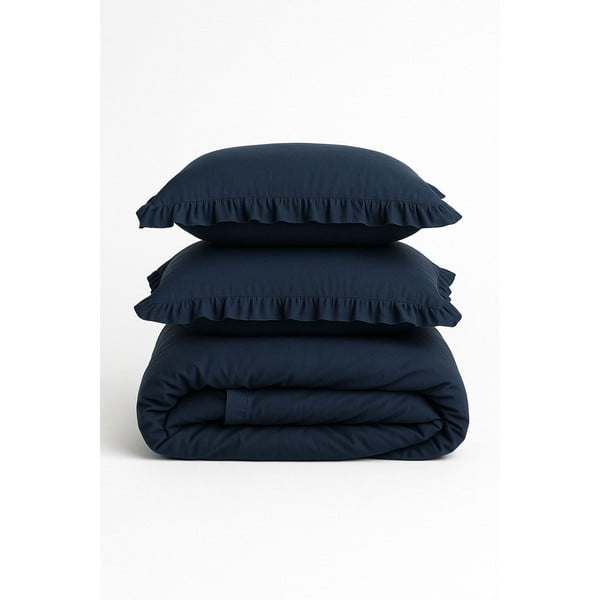 Tmavomodré obliečky na dvojlôžko/predĺžené z bavlny Renforcé 240x220 cm Ruffle Striped – Mila Home Luxury