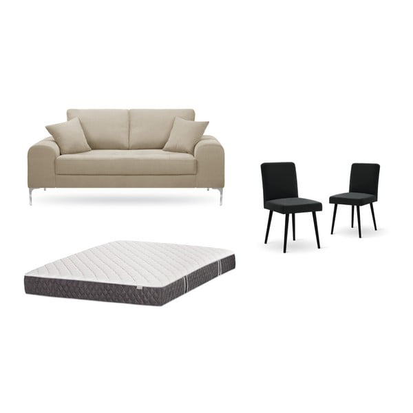 Set dvojmiestnej sivobéžovej pohovky, 2 čiernych stoličiek a matraca 140 × 200 cm Home Essentials