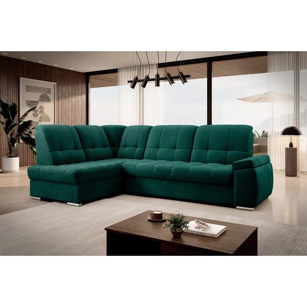 Zelená zamatová rozkladacia/s úložným priestorom rohová pohovka (ľavý roh/do L) Sado – ELTAP-image-4