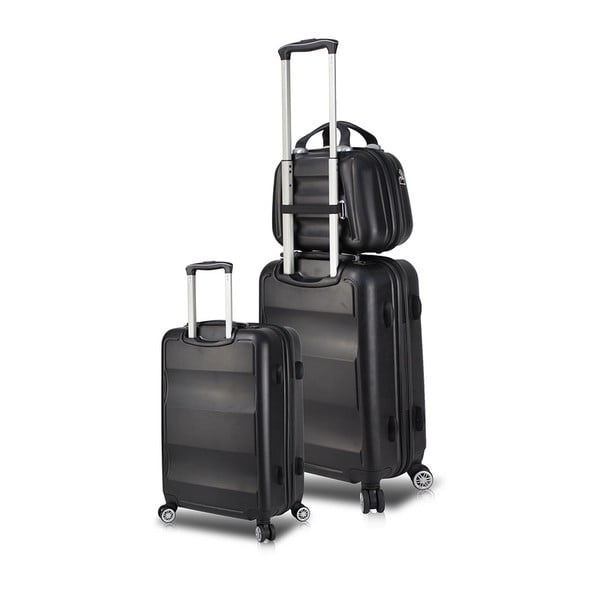 Sada 2 čiernych cestovných kufrov na kolieskach s USB porty a príručného kufríka My Valice LASSO Cab Med & MU