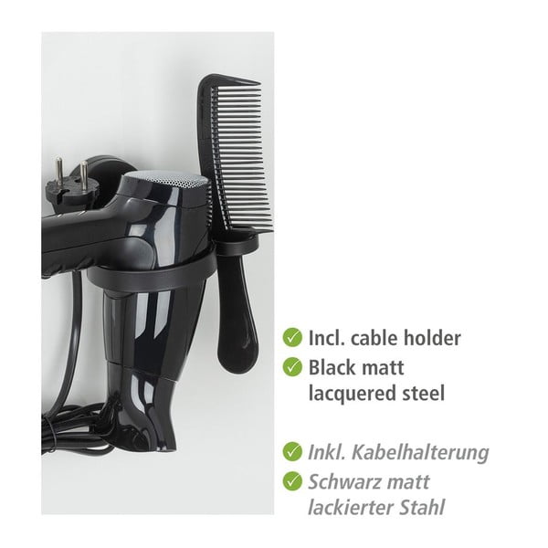 Čierny nástenný držiak na fén Wenko Static-Loc® Pavia-image-1