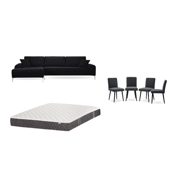 Set čiernej pohovky s leňoškou vľavo, 4 antracitovosivých stoličiek a matraca 160 × 200 cm Home Essentials