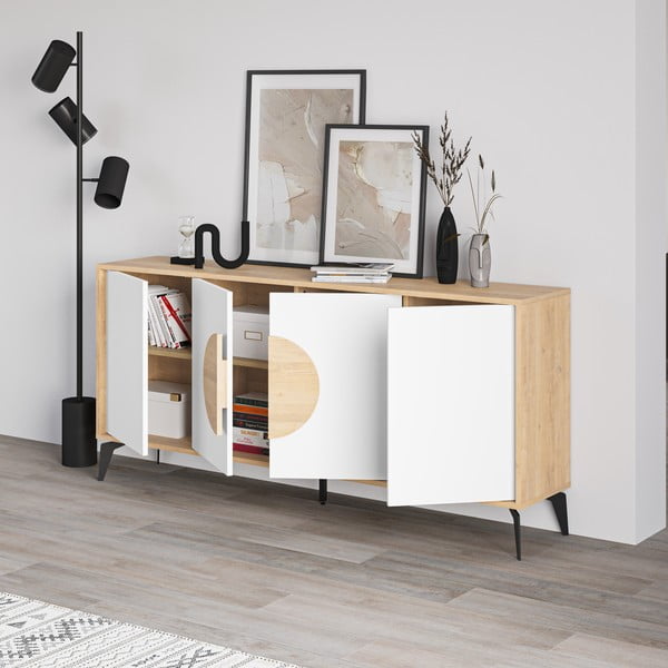 Nízka komoda v dekore duba v bielo-prírodnej farbe 180x82 cm Vae – Marckeric-image-2