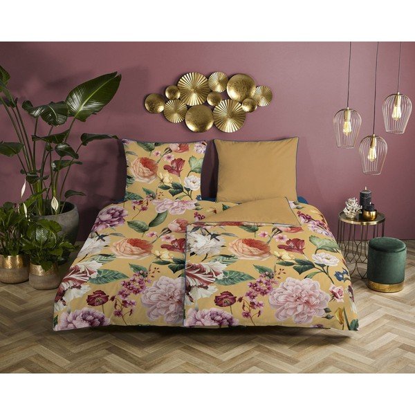 Žlté obliečky z organickej bavlny na jednolôžko Descanso Flowery, 140 x 200 cm-image-1