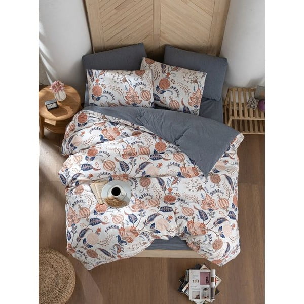 Sivo-béžové predĺžené štvordielne obliečky na dvojlôžko s plachtou 200x220 cm Floral – Mila Home