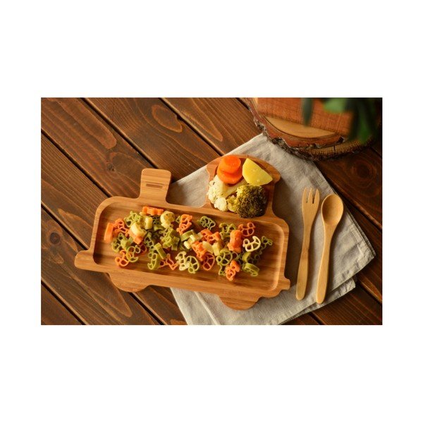 Set detského taniera v tvare vláčika a príboru z bambusového dreva Bambum-image-1