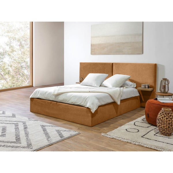 Okrovožltá čalúnená dvojlôžková posteľ s úložným priestorom s roštom 160x200 cm Blandine – Bobochic Paris-image-2