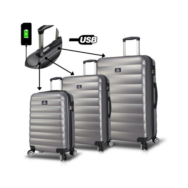 Sada 3 sivých cestovných kufrov na kolieskach s USB porty My Valice RESSO Travel Set-image-3