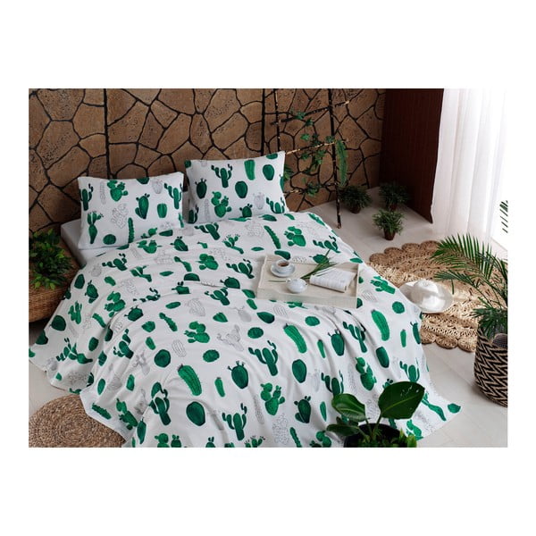 Set bavlneného plédu cez posteľ, plachta a 2 obliečky na vankúš Kaktus Green, 200 x 235 cm