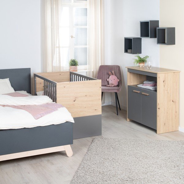 Detská komoda v antracitovej a prírodnej farbe v dekore duba s prebaľovacím pultom 88x98x75 cm Anna – Roba-image-1
