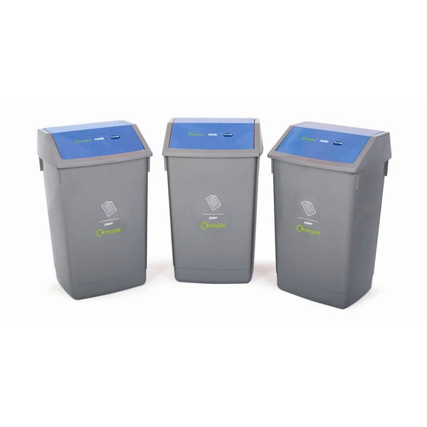 Sada troch odpadkových kôšov na recyklovanie s modrým vrchnákom Addis, 41 x 33,5 x 68 cm