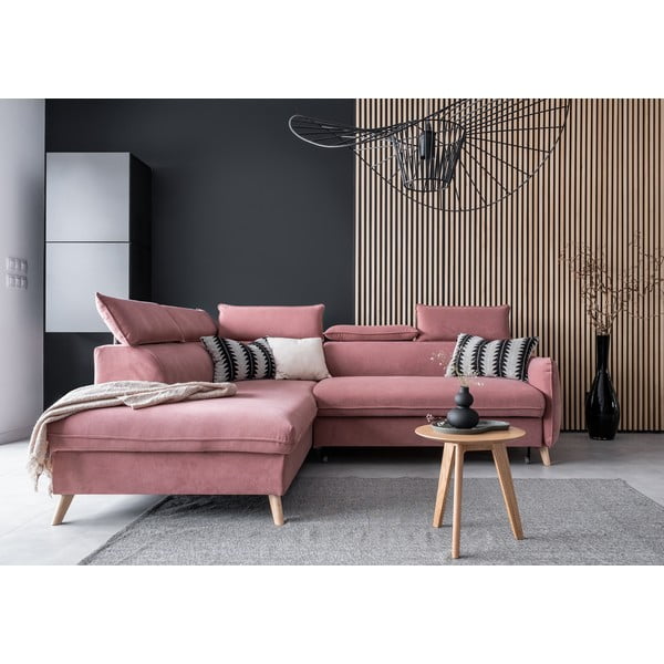 Svetloružová zamatová rozkladacia rohová pohovka (ľavý roh) Sweet Harmony – Miuform-image-1