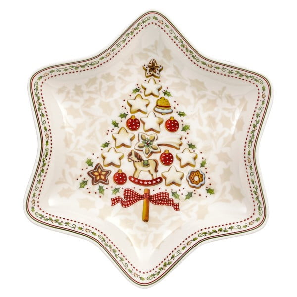 Červeno-biela porcelánová servírovacia miska s motívom vianočnej hviezdy Villeroy & Boch Gingerbread Village, 24,5 x 24,5 cm
