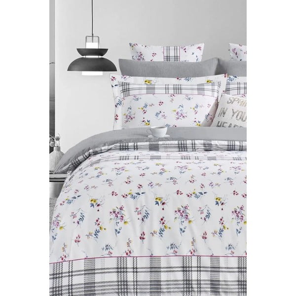 Bielo-sivé predĺžené obliečky na dvojlôžko z bavlny Renforcé s plachtou/4-dielne 200x220 cm – Mila Home-image-1