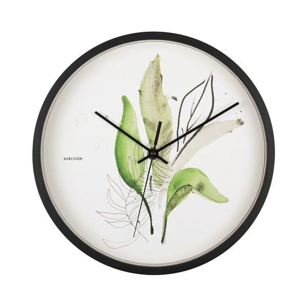 Zeleno-biele nástenné hodiny v čiernom ráme Karlsson Leaves, ø 26 cm