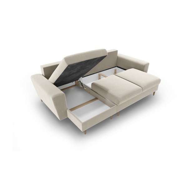 Béžová zamatová rozkladacia/s úložným priestorom rohová pohovka Kyoto – Cosmopolitan Design-image-3