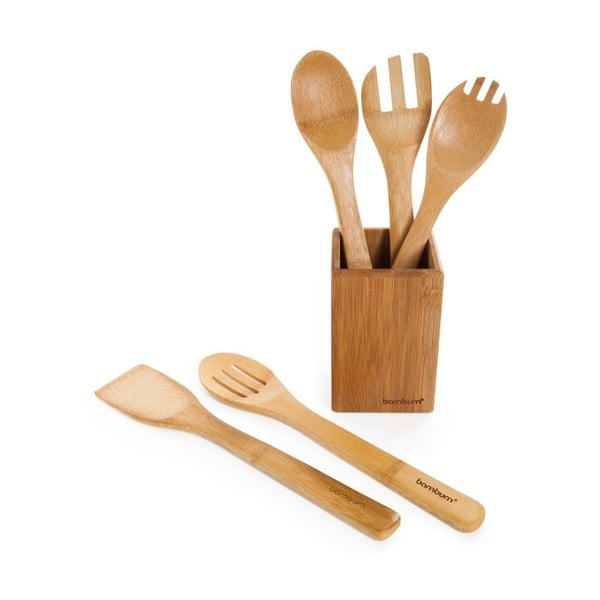 Súprava kuchynského náčinia z bambusu v stojane Bambum Ravioli