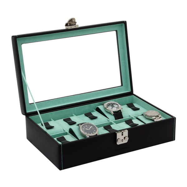 Čierno-tyrkysový kožený box na 10 hodiniek Friedrich Lederwaren Infinity
