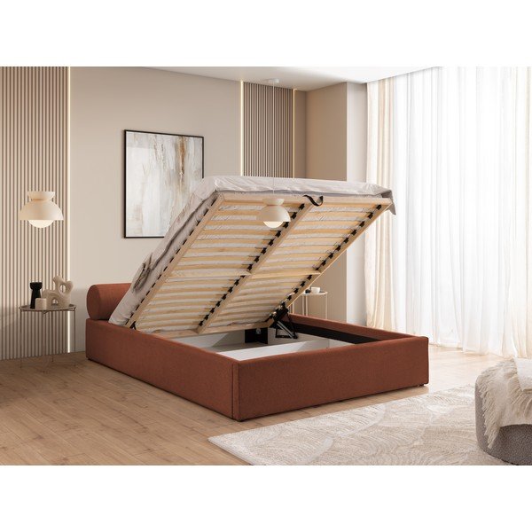 Čalúnená dvojlôžková posteľ s úložným priestorom s roštom 140x200 cm v terakotovej farbe Cille – Ropez-image-4