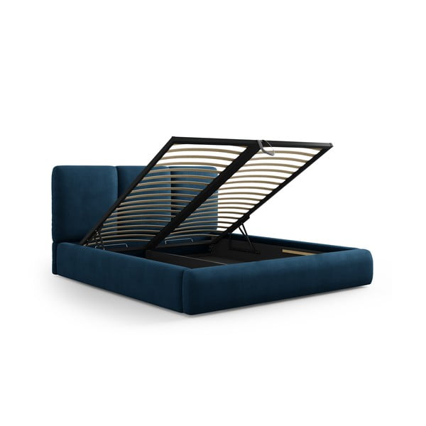 Tmavomodrá čalúnená dvojlôžková posteľ s úložným priestorom s roštom 140x200 cm Brody – Mazzini Beds-image-2