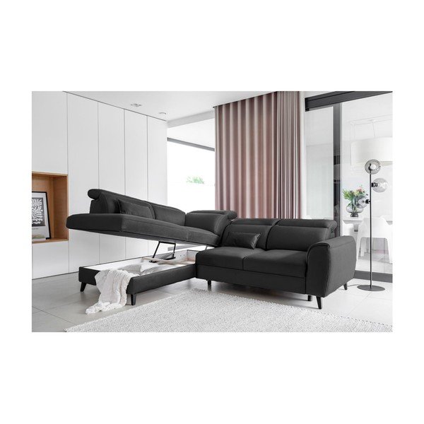 Tmavosivá zamatová rozkladacia/s úložným priestorom rohová pohovka (ľavý roh/do L) Noble – ELTAP-image-3