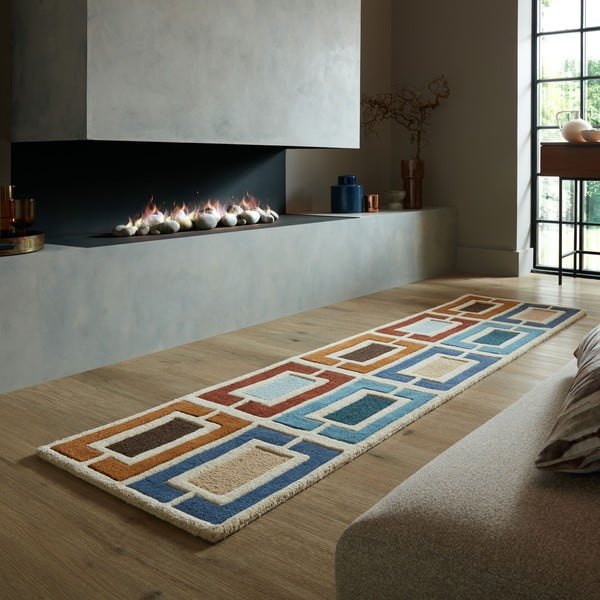 Modro-oranžový ručne tkaný vlnený behúň 60x230 cm Retro Blocks – Flair Rugs-image-1