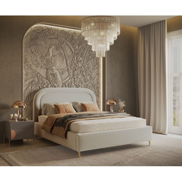 Krémová čalúnená dvojlôžková posteľ s úložným priestorom s roštom 140x200 cm Mija – Maison de Rêve-image-1