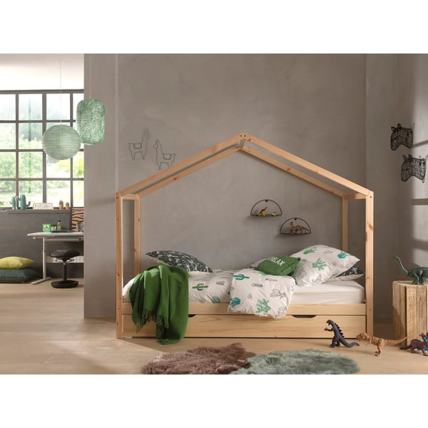 Domčeková detská posteľ z borovicového dreva s výsuvným lôžkom a úložným priestorom v prírodnej farbe 90x200 cm DALLAS – Vipack-image-1