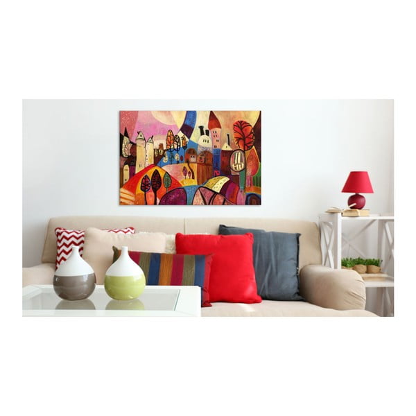 Ručne maľovaný obraz na plátne Bimago Colourful Village, 90 x 60 cm