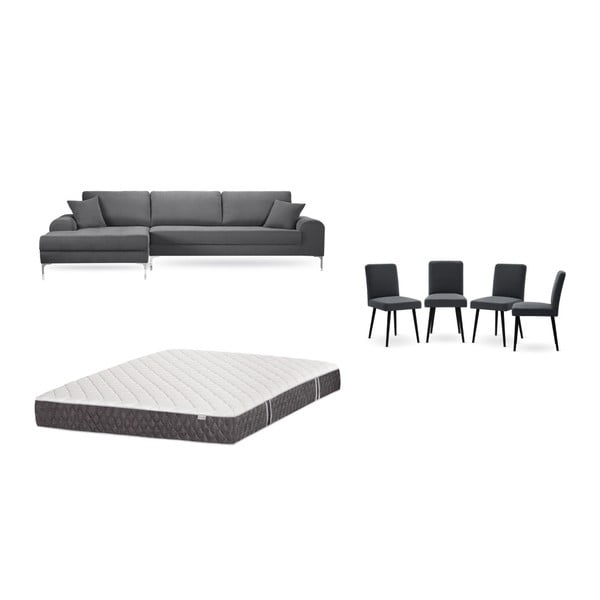 Set sivej pohovky s leňoškou vľavo, 4 antracitovosivých stoličiek a matraca 160 × 200 cm Home Essentials