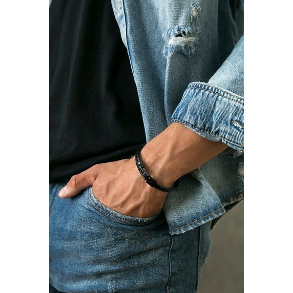 Pánsky čierny náramok z pravej kože Monomen Double Braid-image-1