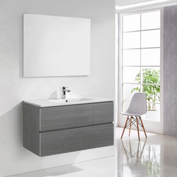 Kúpeľňová skrinka s umývadlom a zrkadlom Capri, odtieň sivej, 100 cm