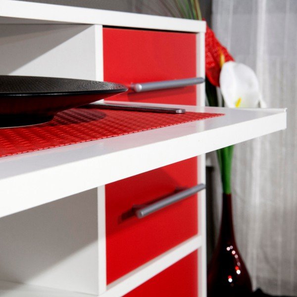 Červeno-biely pojazdný kuchynský úložný systém s policami TemaHome Marius-image-1