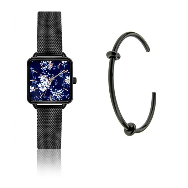 Set dámskych hodiniek s antikoro remienkom v čiernej farbe a čierneho náramku Emily Westwood Garro