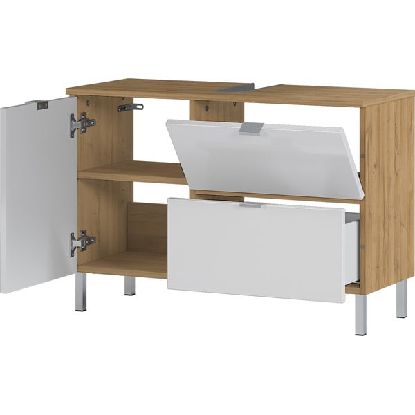 Biela skrinka pod umývadlo s dubovým dekorom Germania Mauresaa, šírka 80 cm-image-3