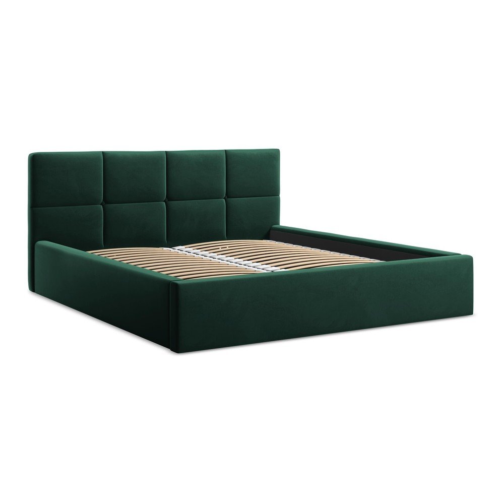 E-shop Tmavozelená zamatová čalúnená dvojlôžková posteľ s úložným priestorom s roštom 140x200 cm Hiko – Makamii