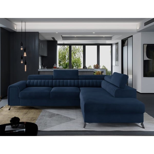 Modrá zamatová rozkladacia/s úložným priestorom rohová pohovka (pravý roh/do L) Laurence – ELTAP-image-1