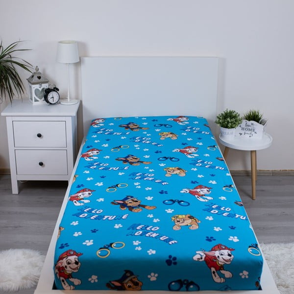 Modrá napínacia bavlnená detská plachta na jednolôžko 90x200 cm Paw Patrol – Jerry Fabrics-image-1