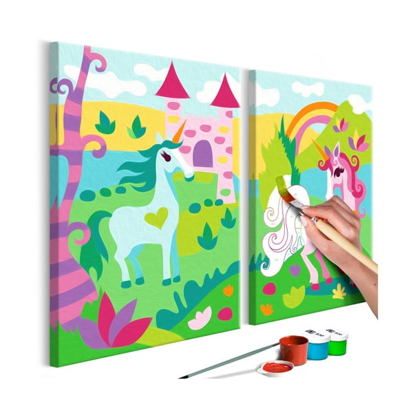 DIY set na tvorbu vlastného dvojdielneho obrazu na plátne Artgeist Fairytale Unicorns, 33 × 23 cm
