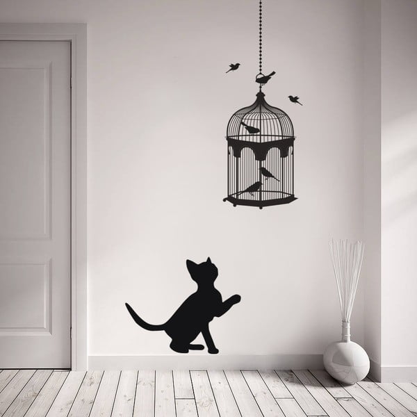 Samolepka na stenu Mačka a vtáčiky, 70x50 cm