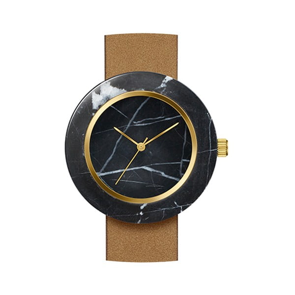 Čierne mramorové hodinky s hnedým remienkom Analog Watch Co. Marble